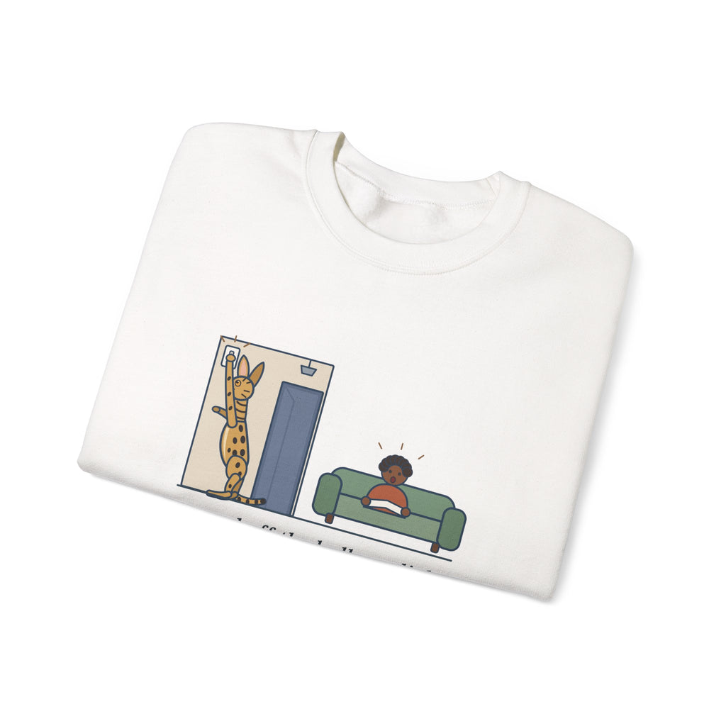Serengeti Cat Crewneck Sweatshirt - Long-Legged Spotted Cat at the Light Switch