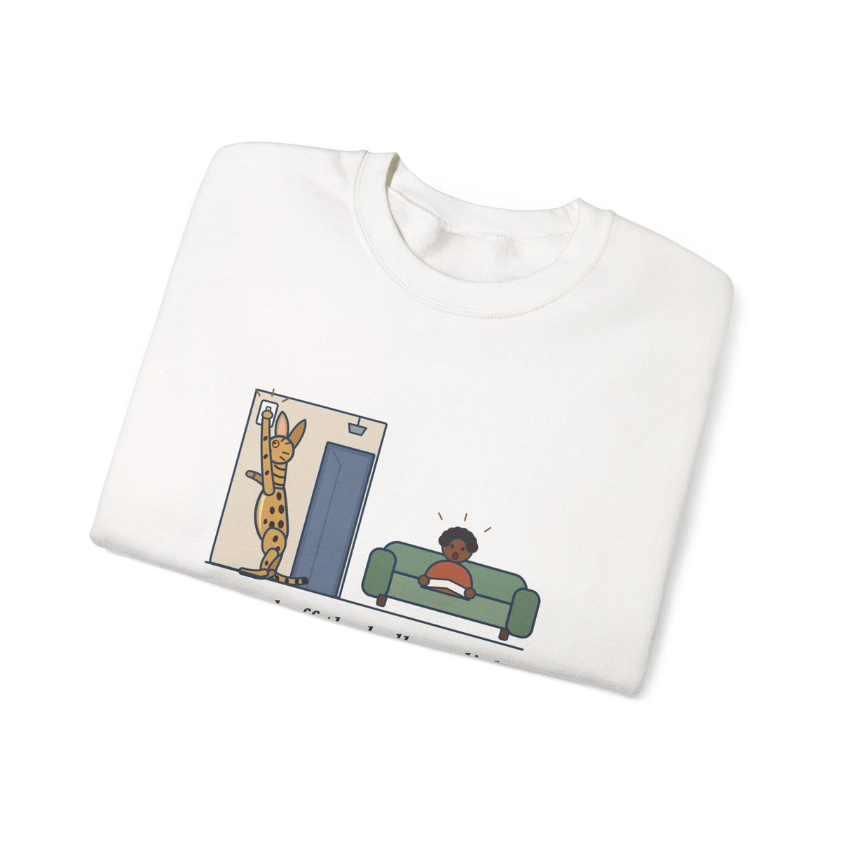 Serengeti Cat Crewneck Sweatshirt - Long-Legged Spotted Cat at the Light Switch