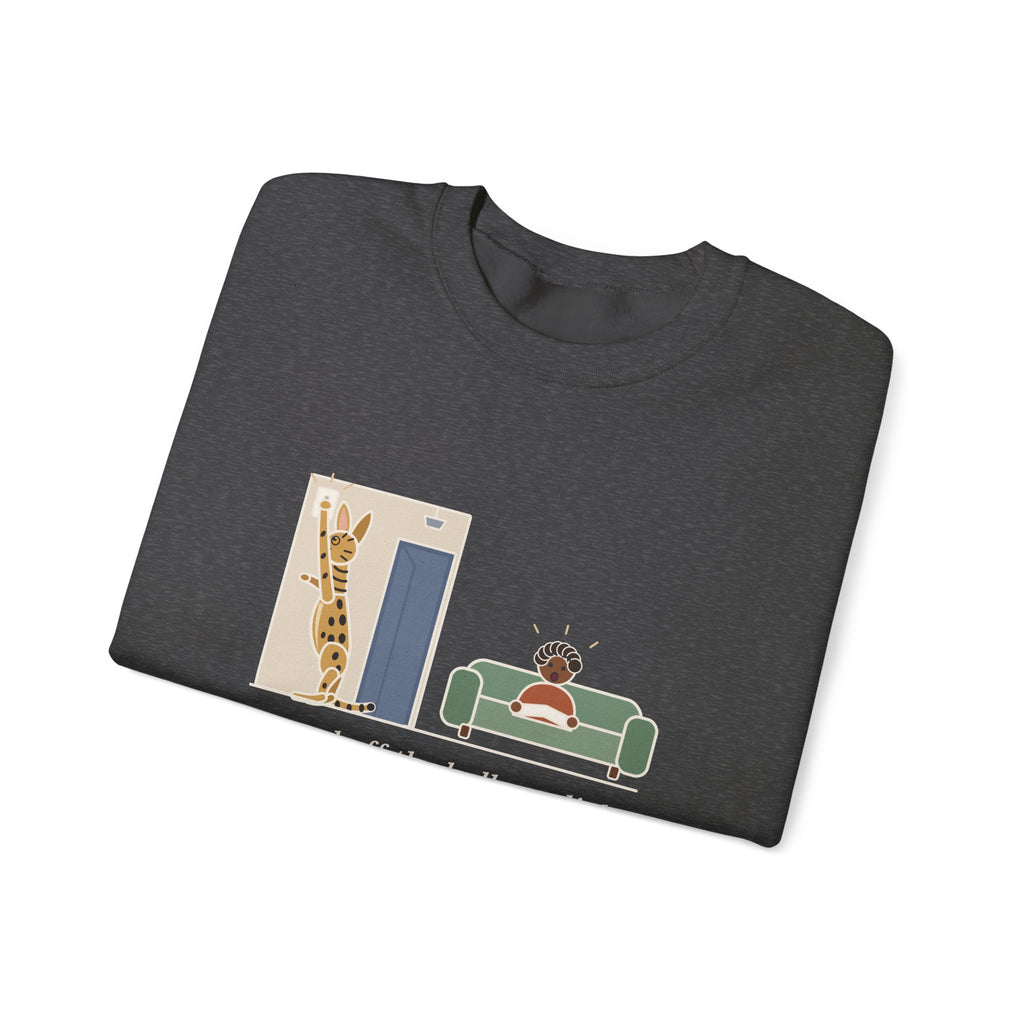 Serengeti Cat Crewneck Sweatshirt - Long-Legged Spotted Cat at the Light Switch