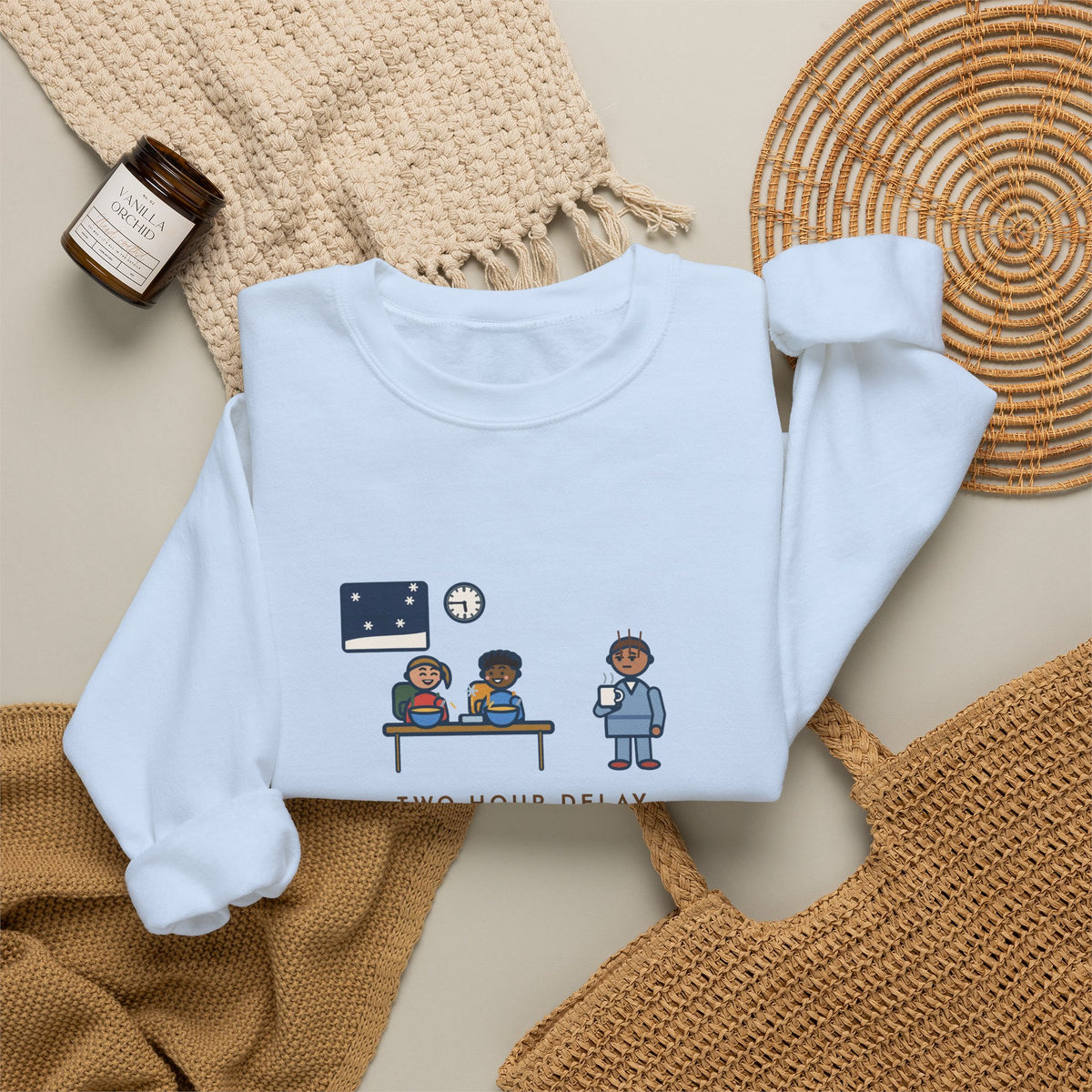 Two-Hour Delay Sweatshirt, Announced at 5:45 a.m., Both Kids Already Dressed and Eating Cereal, Funny Dawn Kitchen Crewneck