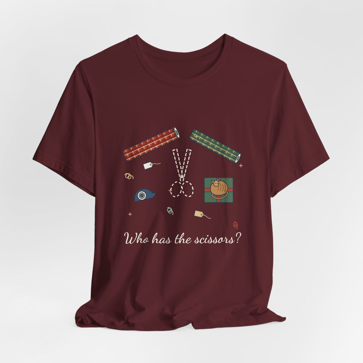 Funny Christmas T-Shirt - Who Has the Scissors? Gift Wrapping Tee