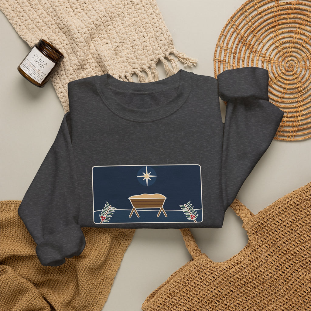 For Unto Us a Child Is Born Sweatshirt, Christmas Isaiah 9:6 Quote Crewneck with Empty Manger Star