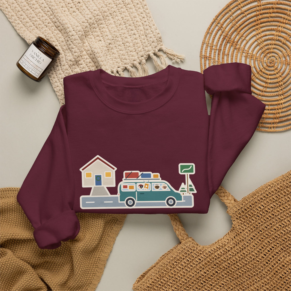 Holiday Road Trip Sweatshirt, Six-Hour Drive to Grandma's, First Snack Request at the End of Our Street, Funny Driveway Departure Crewneck