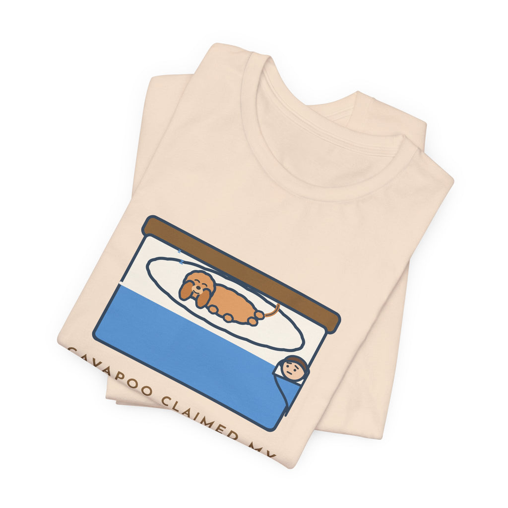 Funny Cavapoo T-Shirt, Claimed My Pillow on Night One, I Sleep on the Corner Now, Big Bed Tee