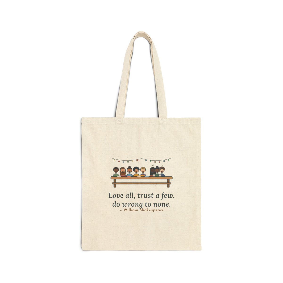 Love All, Trust a Few, Do Wrong to None Tote Bag, Wisdom Shakespeare Quote Tote with Neighborhood Picnic