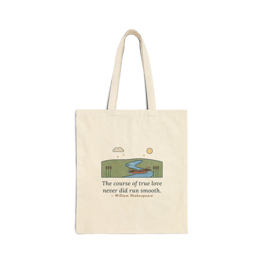 The Course of True Love Never Did Run Smooth Tote Bag, Love Shakespeare Quote Tote with Canoe on the River Bend