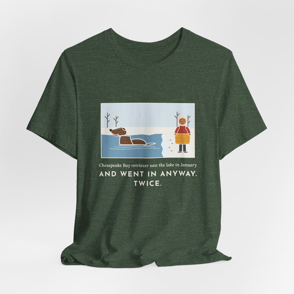 Funny Chesapeake Bay Retriever T-Shirt, Saw the Lake in January and Went In Anyway, Twice, Winter Lake Tee