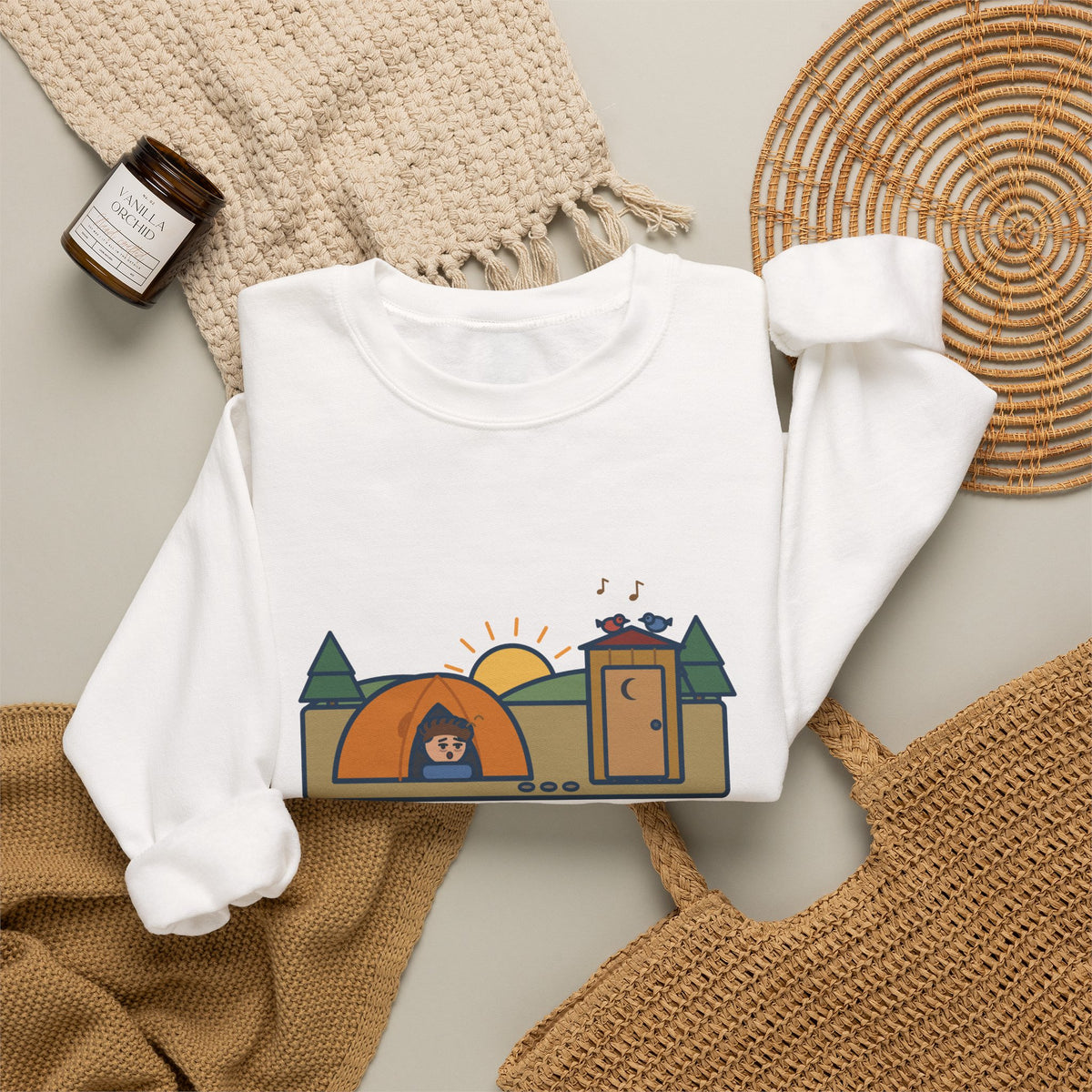 Pitched the Tent in the Dark Sweatshirt, Funny Camping Crewneck with Outhouse View