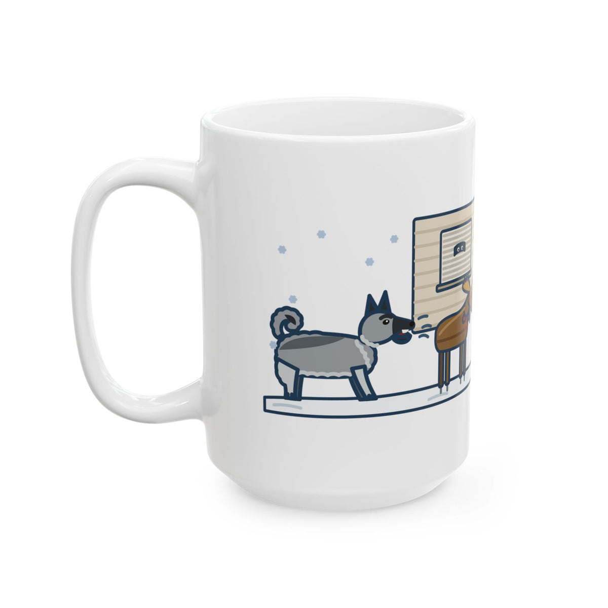 Large Norwegian Elkhound Mug 15oz - Barked at the Plastic Lawn Moose, Holiday Dog Mug