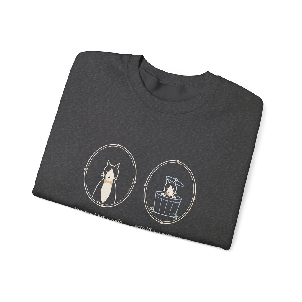 Tuxedo Cat Crewneck Sweatshirt - Dressed for a Gala. Acts Like a Raccoon.