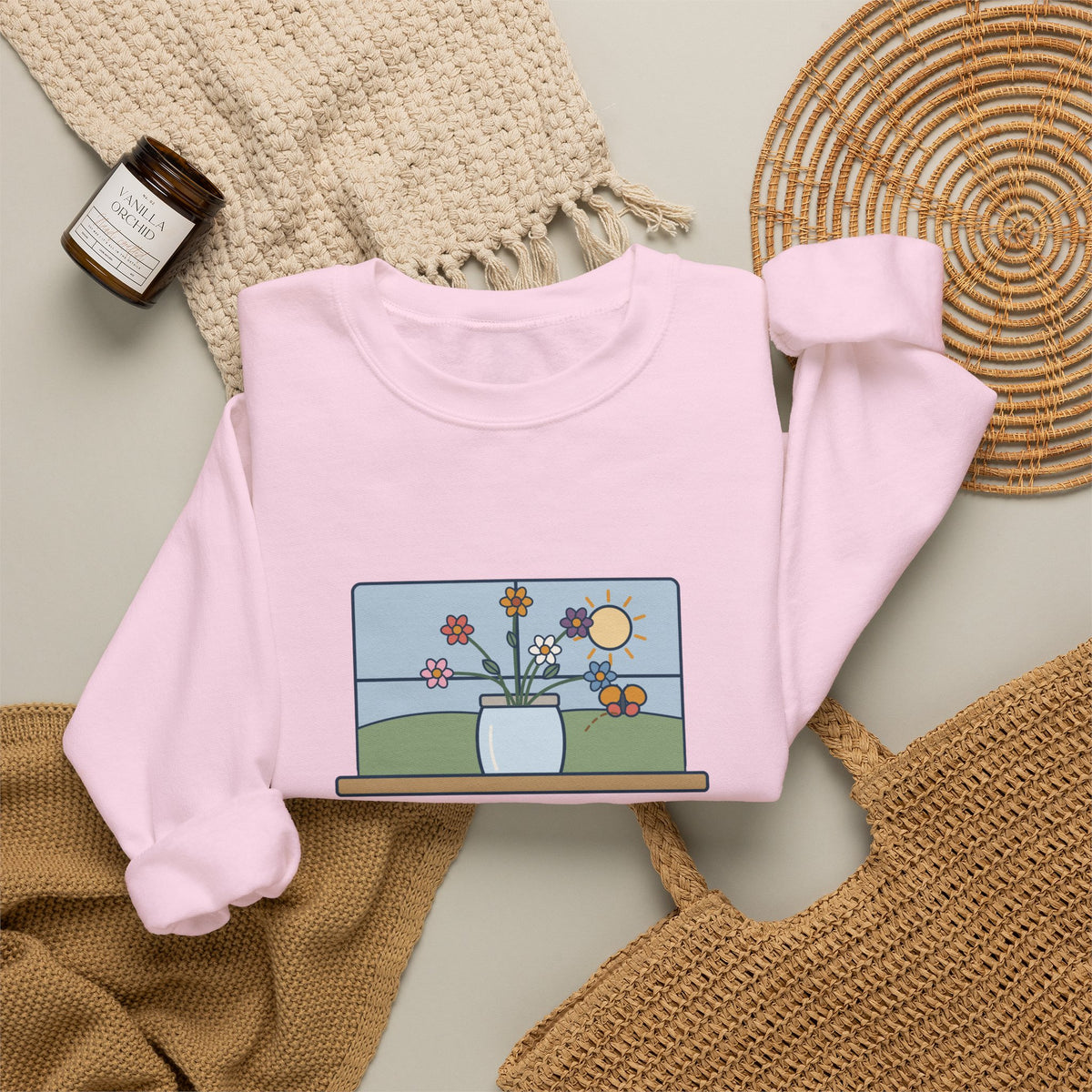 A Thing of Beauty Is a Joy Forever Sweatshirt, Nature John Keats Quote Crewneck with Wildflower Jar