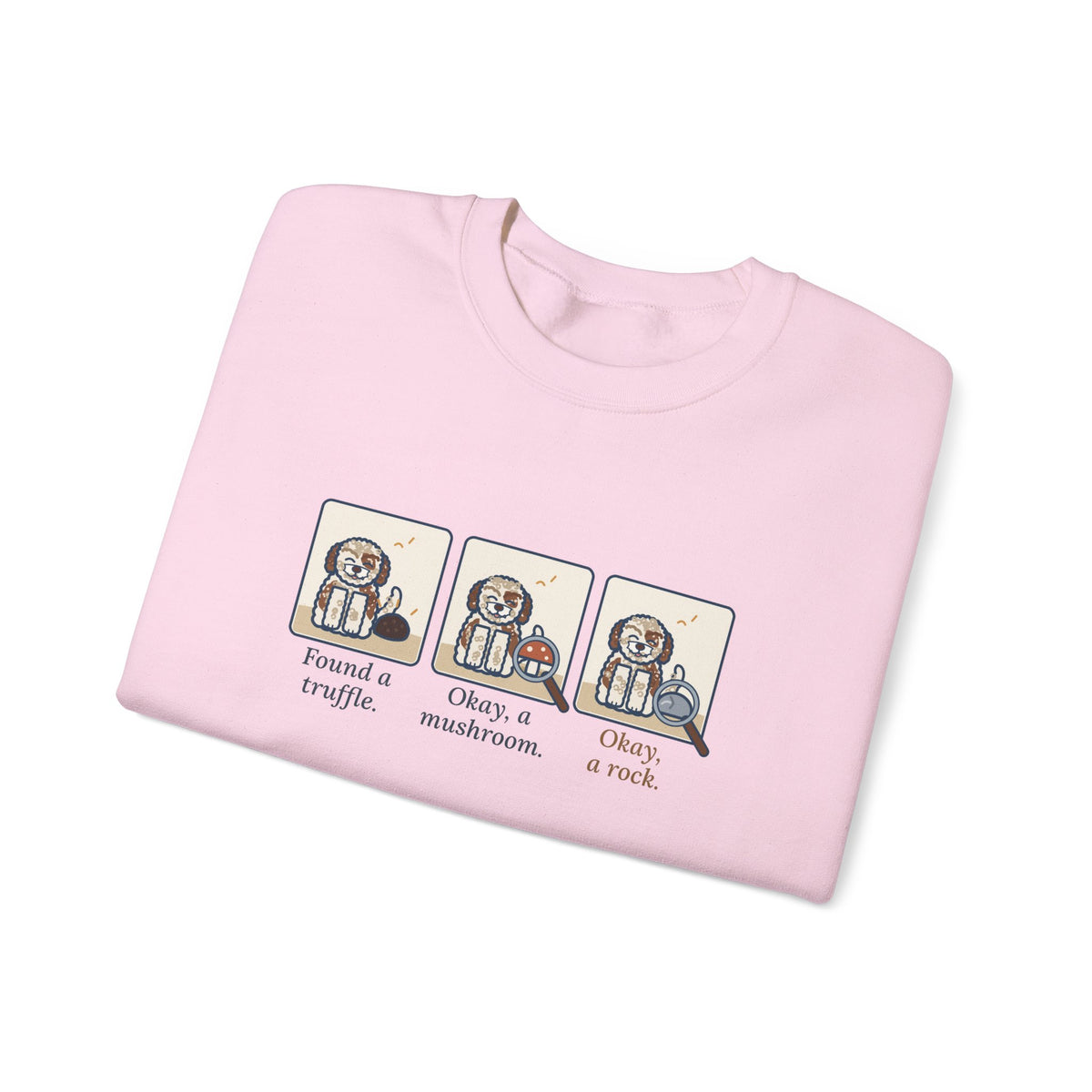 Lagotto Romagnolo Crewneck Sweatshirt - Truffle, Mushroom, Rock Three-Panel Dog Comic