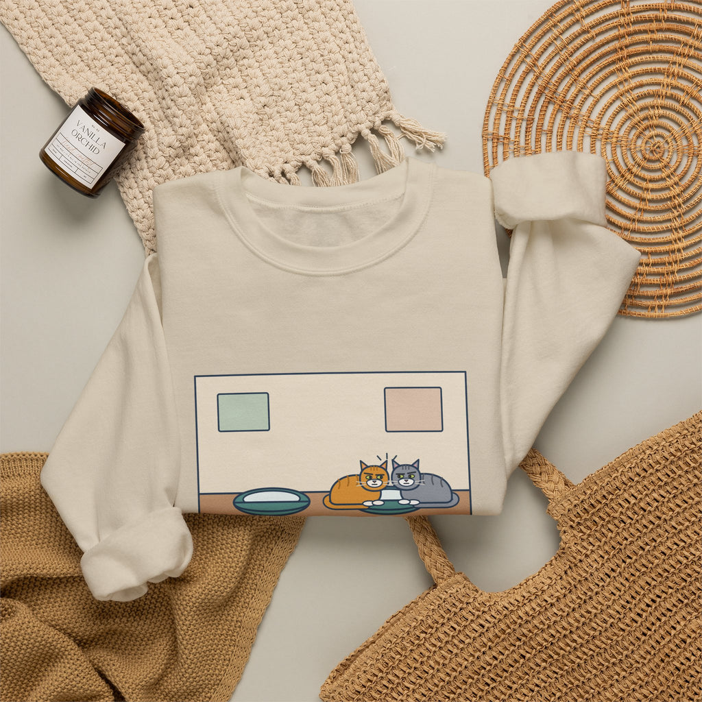 Two Cats Sweatshirt, Two Identical Beds, Both Cram into the Same One and Glare, Funny Bed Standoff Crewneck