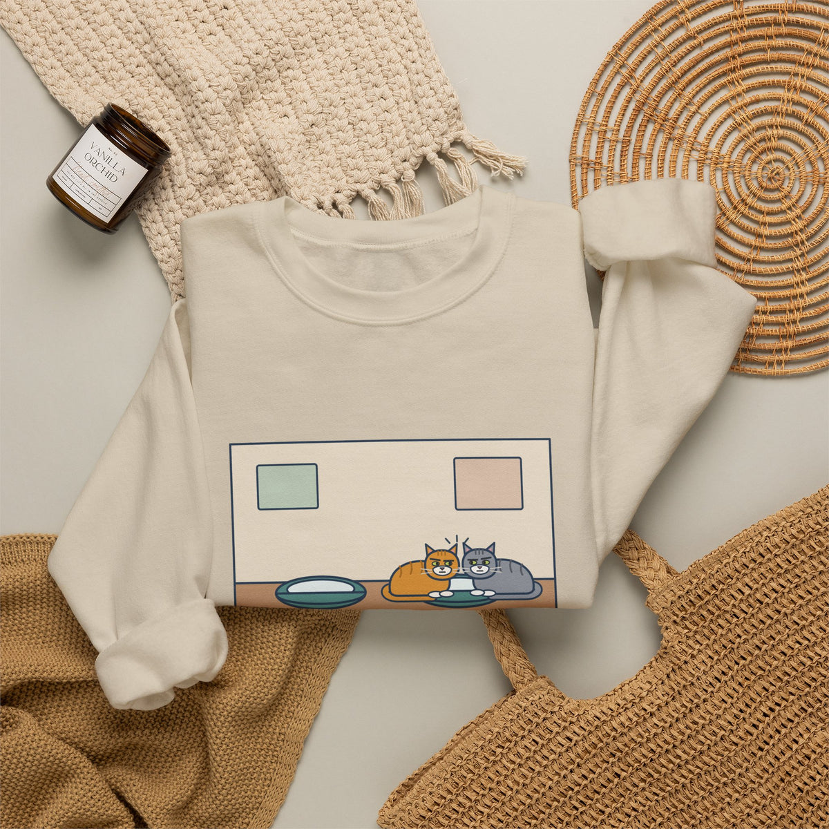 Two Cats Sweatshirt, Two Identical Beds, Both Cram into the Same One and Glare, Funny Bed Standoff Crewneck