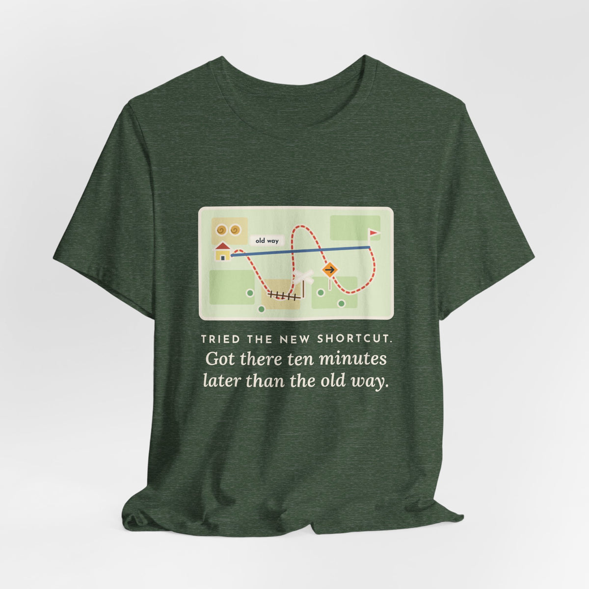 Funny Shortcut T-Shirt, Tried the New One, Got There Ten Minutes Later Than the Old Way, Hand-Drawn Route Tee
