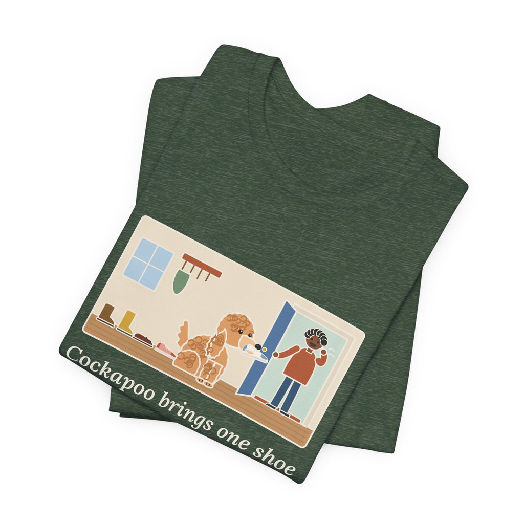 Funny Cockapoo T-Shirt, Brings One Shoe to Every Guest at the Door, Never the Pair, Front Door Greeting Tee