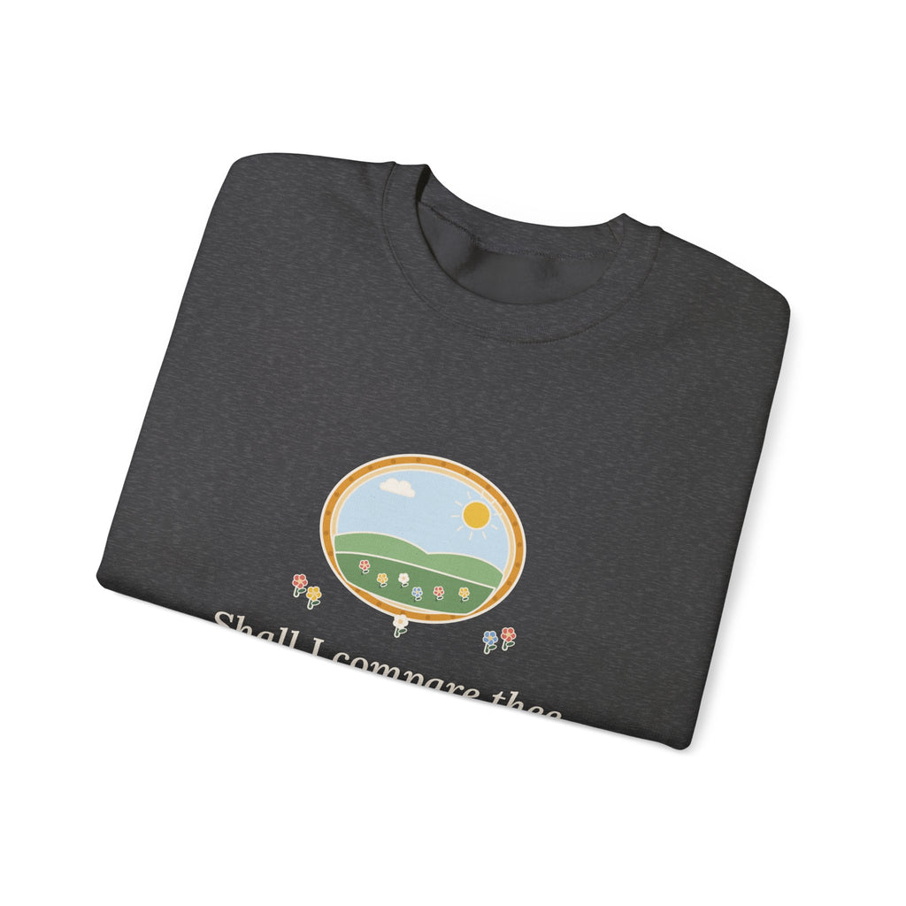 Shall I Compare Thee to a Summer's Day Sweatshirt, Love Shakespeare Quote Crewneck with Framed Meadow
