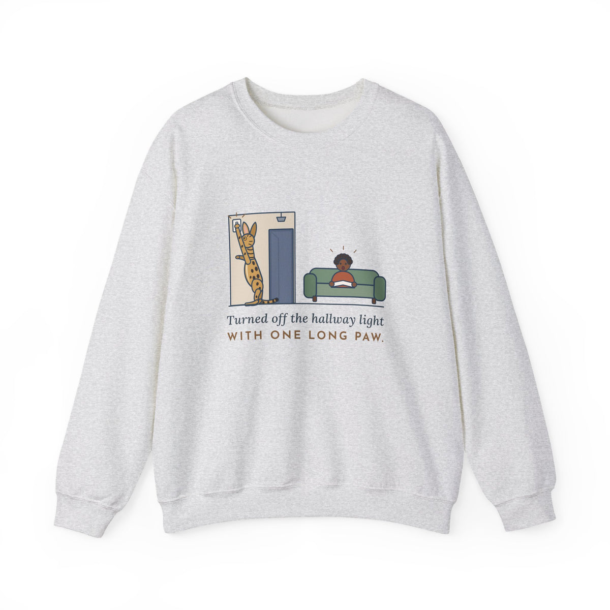 Serengeti Cat Crewneck Sweatshirt - Long-Legged Spotted Cat at the Light Switch