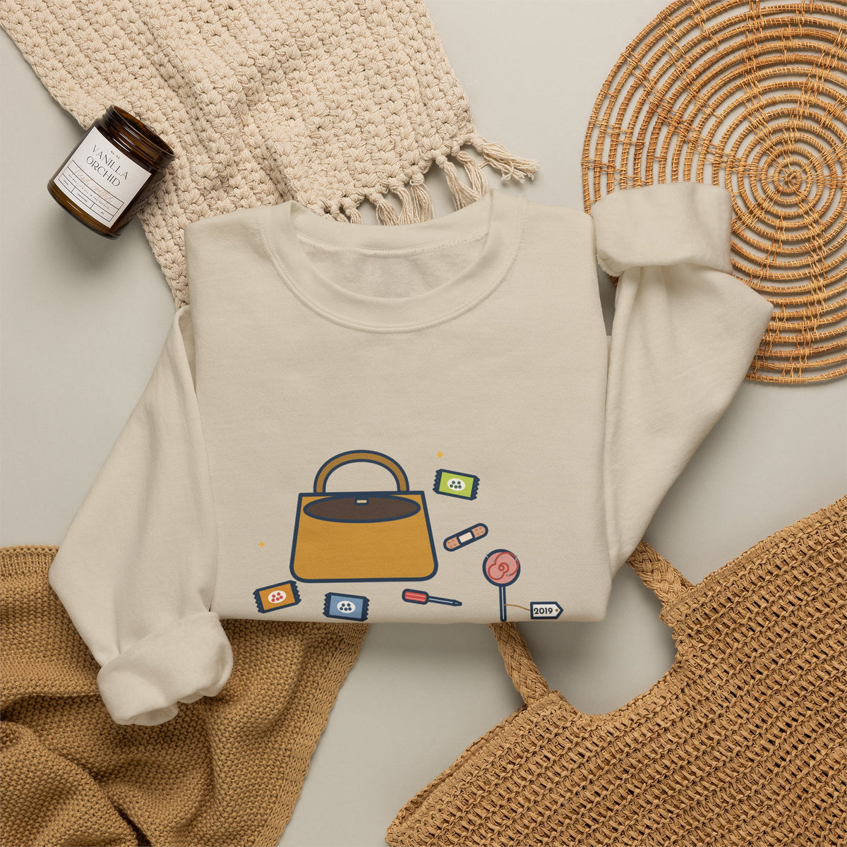 Mom Sweatshirt, Mom's Purse, Three Snacks, a Bandage, a Screwdriver and a Very Old Lollipop, Funny Purse Flat-Lay Crewneck