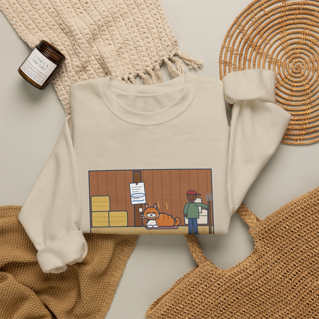 Barn Cat Sweatshirt, Showed Up in May, Now He Has a Heated Bed and His Name on the Feed Bill, Funny Barn Corner Crewneck