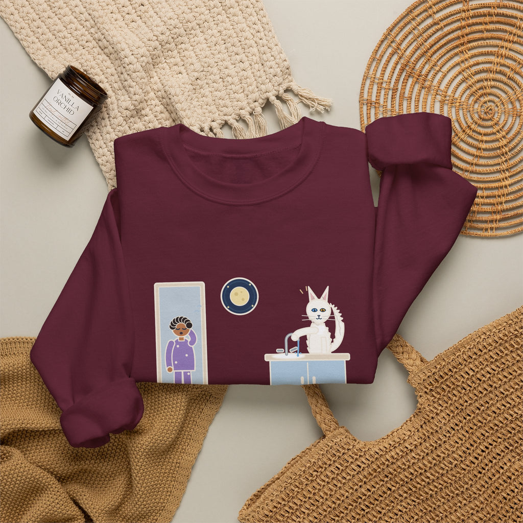 Turkish Angora Crewneck Sweatshirt - Bathroom Faucet at Two A.M. White Cat Owner Gift