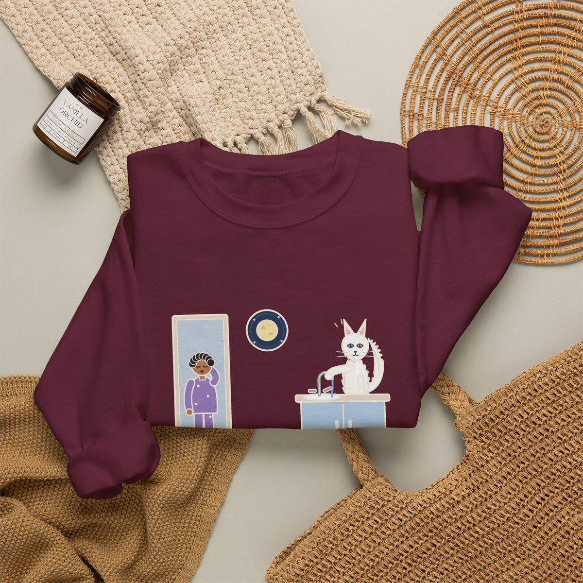 Turkish Angora Crewneck Sweatshirt - Bathroom Faucet at Two A.M. White Cat Owner Gift