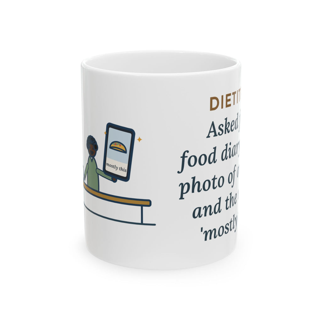 Dietitian Mug, Asked for a Food Diary, Got a Photo of One Taco and the Words Mostly This, Funny Coffee Mug 11oz