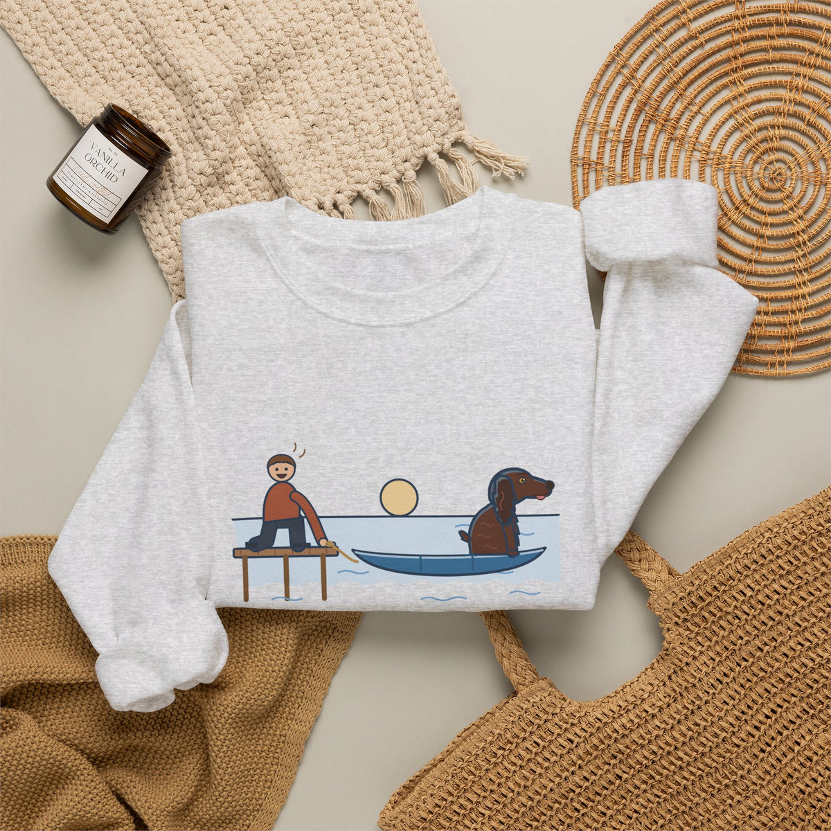Boykin Spaniel Crewneck Sweatshirt - Seated in the Canoe Before the Rope Came Off