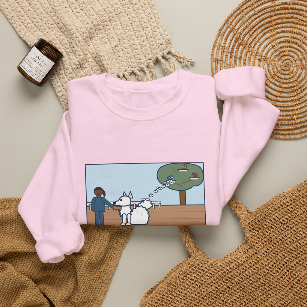 American Eskimo Dog Sweatshirt, Brushed the Eskie on the Porch, The Birds Built Three Nests from It, Funny Porch Brushing Crewneck
