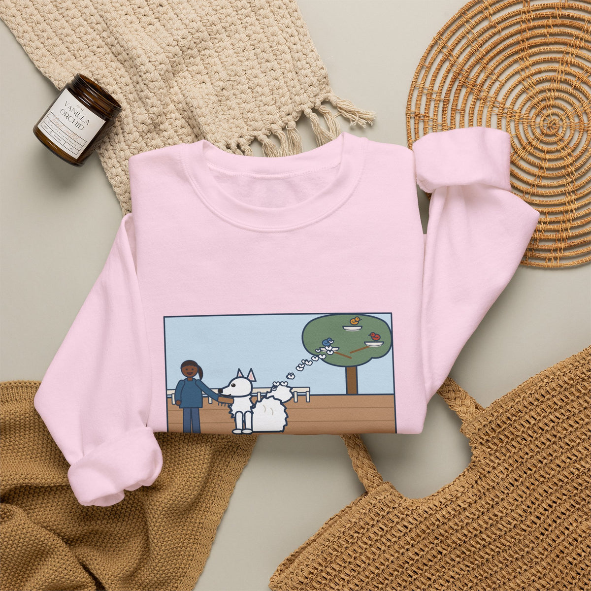 American Eskimo Dog Sweatshirt, Brushed the Eskie on the Porch, The Birds Built Three Nests from It, Funny Porch Brushing Crewneck