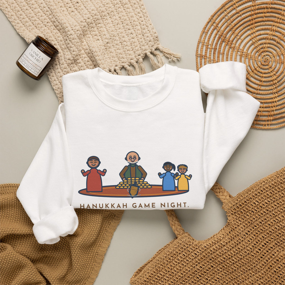 Hanukkah Game Night Sweatshirt, Grandpa Won Every Chocolate Coin with a Dreidel Older Than Mom, Funny Living Room Rug Crewneck