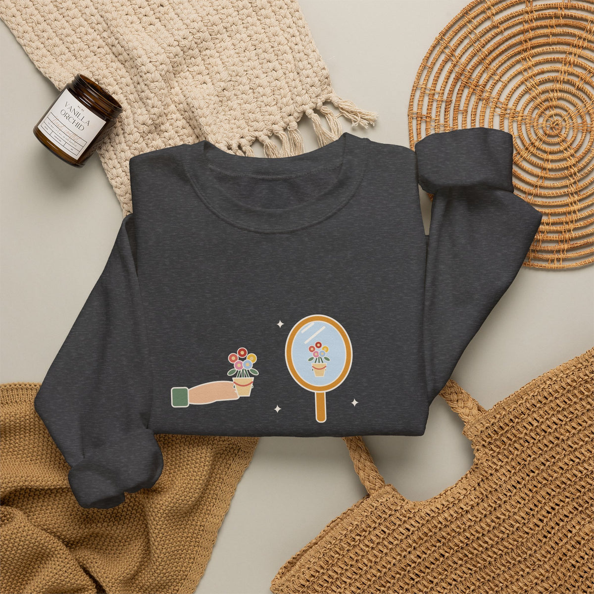 To Love Oneself Is the Beginning of a Life-Long Romance Sweatshirt, Self-Love Oscar Wilde Quote Crewneck with Mirror Bouquet