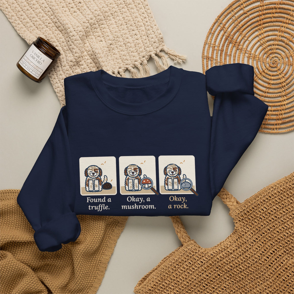 Lagotto Romagnolo Crewneck Sweatshirt - Truffle, Mushroom, Rock Three-Panel Dog Comic