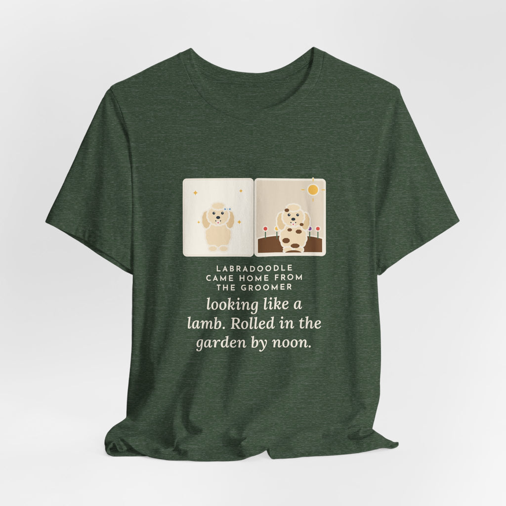 Funny Labradoodle T-Shirt, Came Home from the Groomer Looking Like a Lamb, Rolled in the Garden by Noon, Groomer to Garden Tee