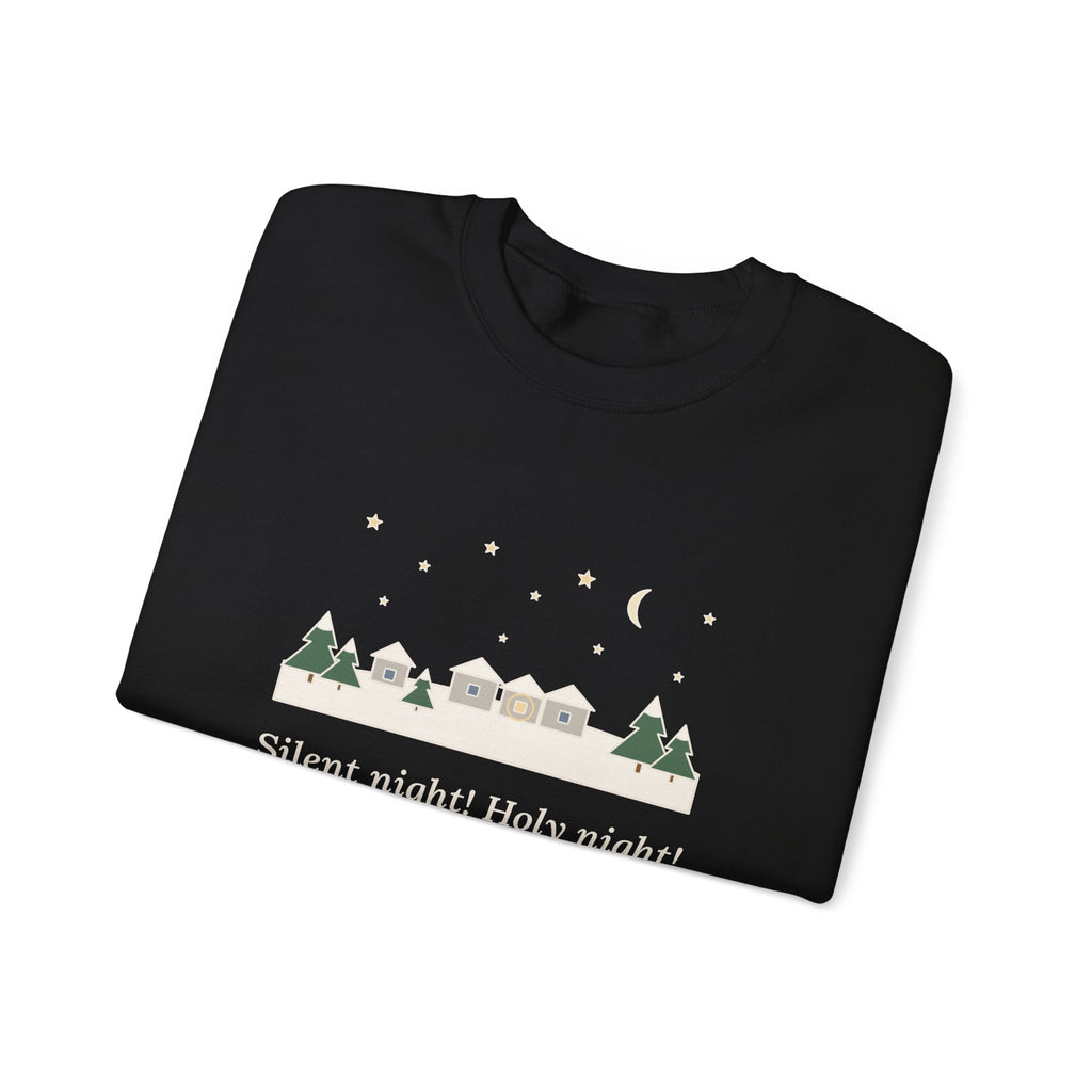 All Is Calm, All Is Bright Sweatshirt, Christmas Joseph Mohr Quote Crewneck with Snowy Village Night