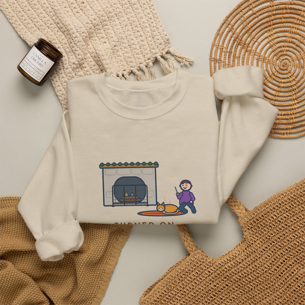 Fireplace Cat Sweatshirt, Turned On the Fireplace, The Cat Claimed the Warm Spot Before the Logs Caught, Funny Hearth Rug Crewneck