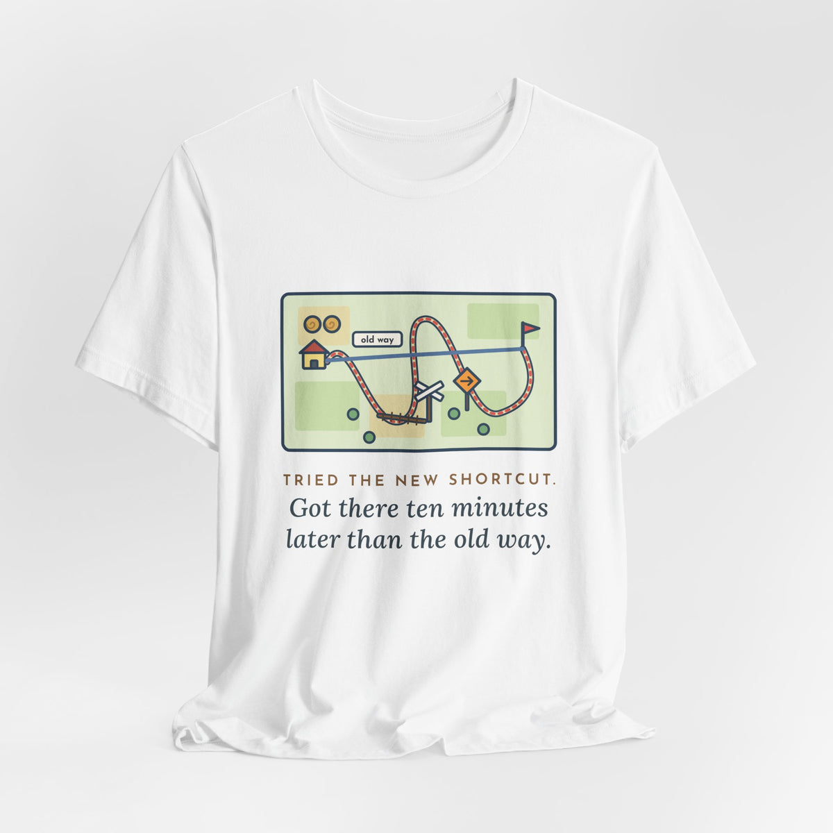 Funny Shortcut T-Shirt, Tried the New One, Got There Ten Minutes Later Than the Old Way, Hand-Drawn Route Tee