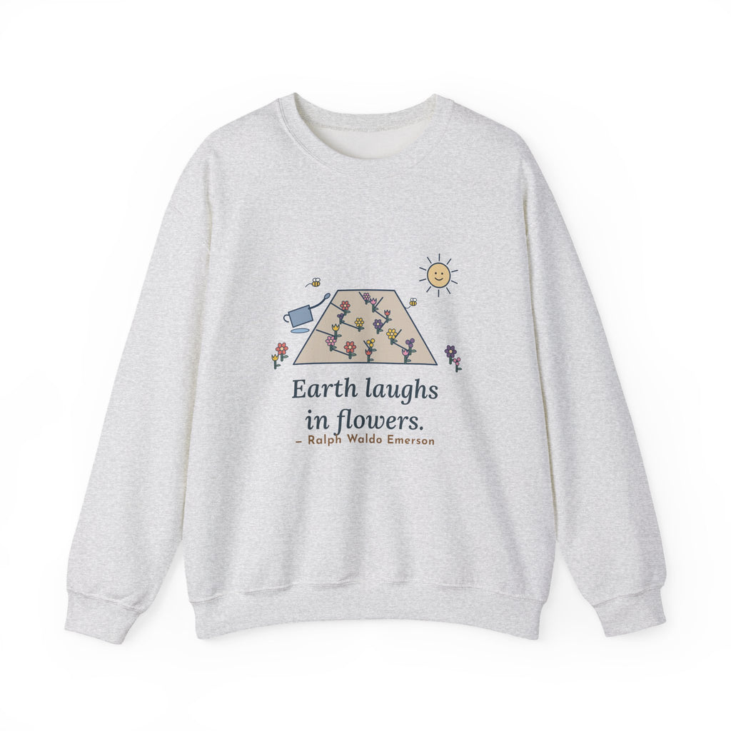 Earth Laughs in Flowers Sweatshirt, Garden Emerson Quote Crewneck with Wildflower Path
