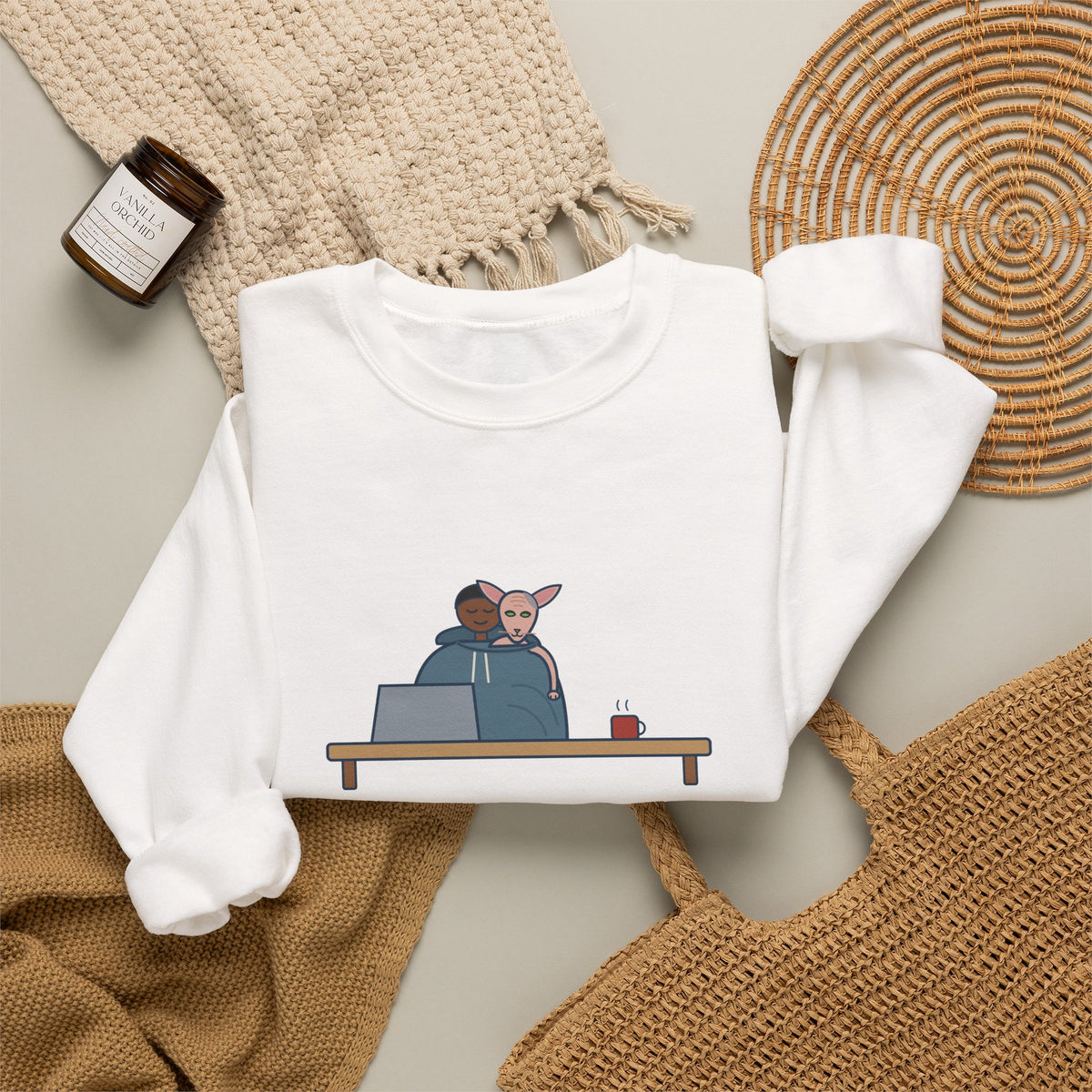 Peterbald Cat Found the Warmest Spot Crewneck Sweatshirt - Funny Hairless Cat Lover Gift