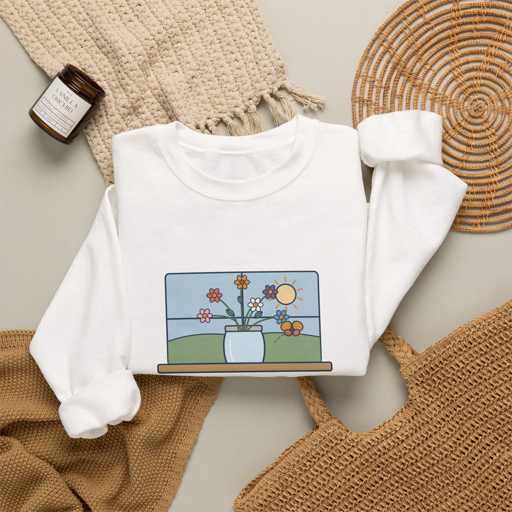 A Thing of Beauty Is a Joy Forever Sweatshirt, Nature John Keats Quote Crewneck with Wildflower Jar