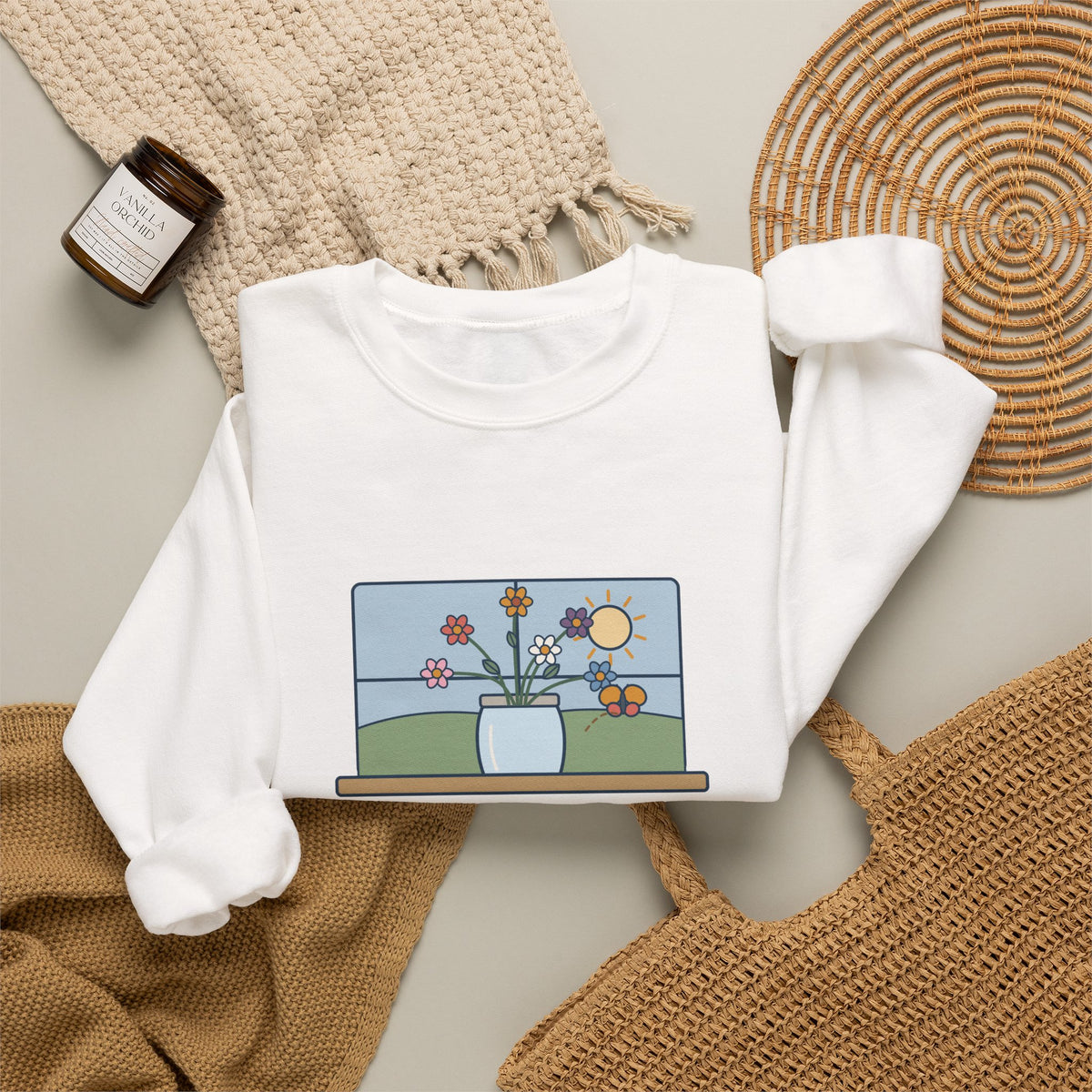 A Thing of Beauty Is a Joy Forever Sweatshirt, Nature John Keats Quote Crewneck with Wildflower Jar