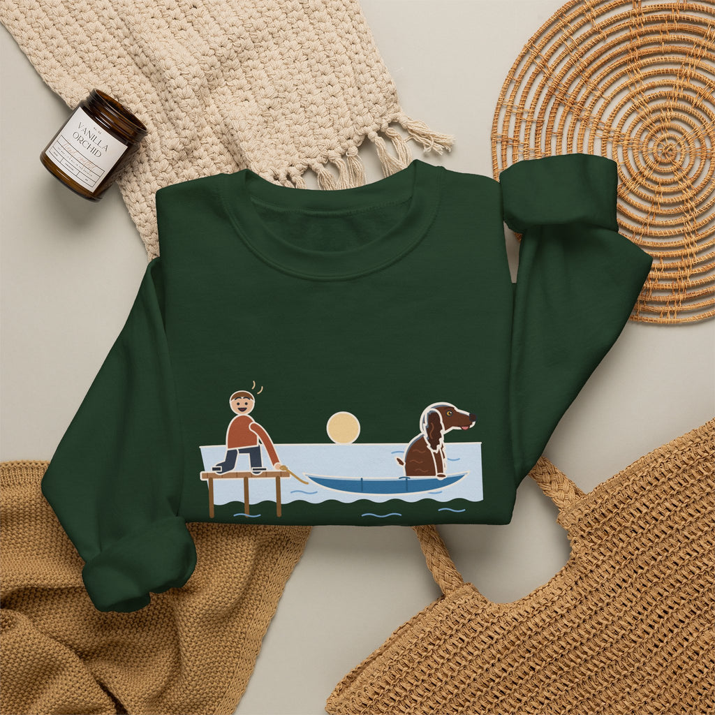 Boykin Spaniel Crewneck Sweatshirt - Seated in the Canoe Before the Rope Came Off