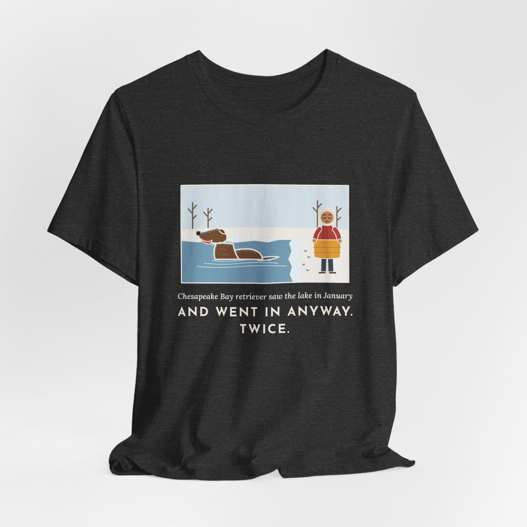 Funny Chesapeake Bay Retriever T-Shirt, Saw the Lake in January and Went In Anyway, Twice, Winter Lake Tee