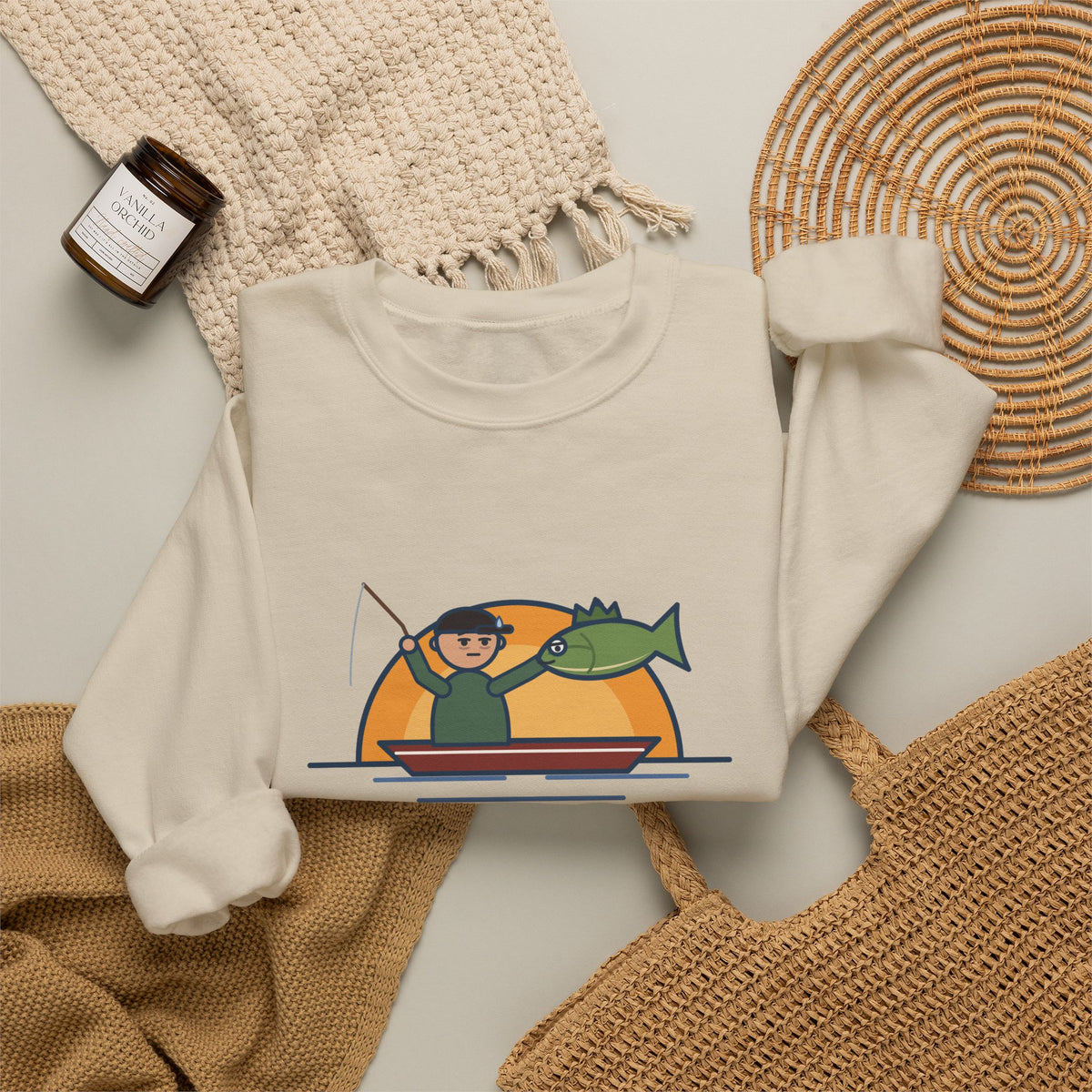 Funny Angler Crewneck Sweatshirt - Same Fish Twice After Six Hours on the Lake