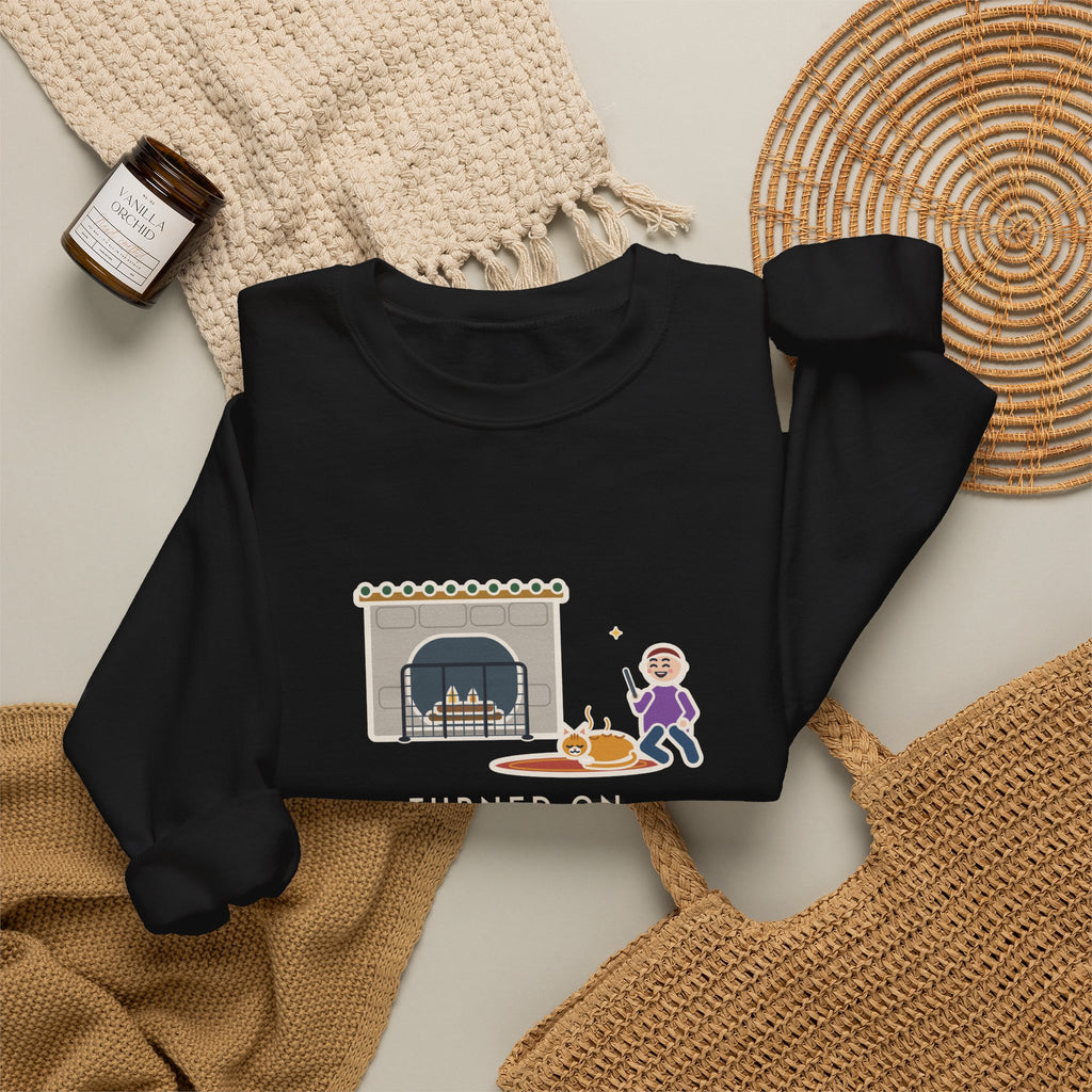 Fireplace Cat Sweatshirt, Turned On the Fireplace, The Cat Claimed the Warm Spot Before the Logs Caught, Funny Hearth Rug Crewneck