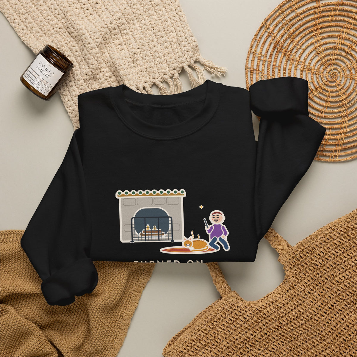 Fireplace Cat Sweatshirt, Turned On the Fireplace, The Cat Claimed the Warm Spot Before the Logs Caught, Funny Hearth Rug Crewneck
