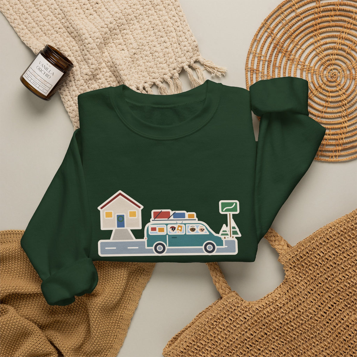 Holiday Road Trip Sweatshirt, Six-Hour Drive to Grandma's, First Snack Request at the End of Our Street, Funny Driveway Departure Crewneck