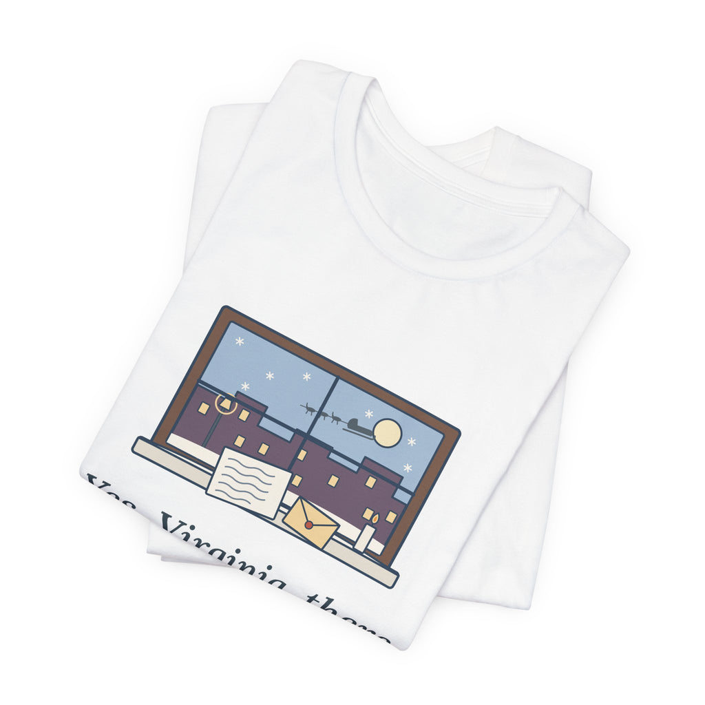F. P. Church Quote T-Shirt, Yes Virginia 1897 Editorial, Christmas Snowy Windowsill Letter Tee