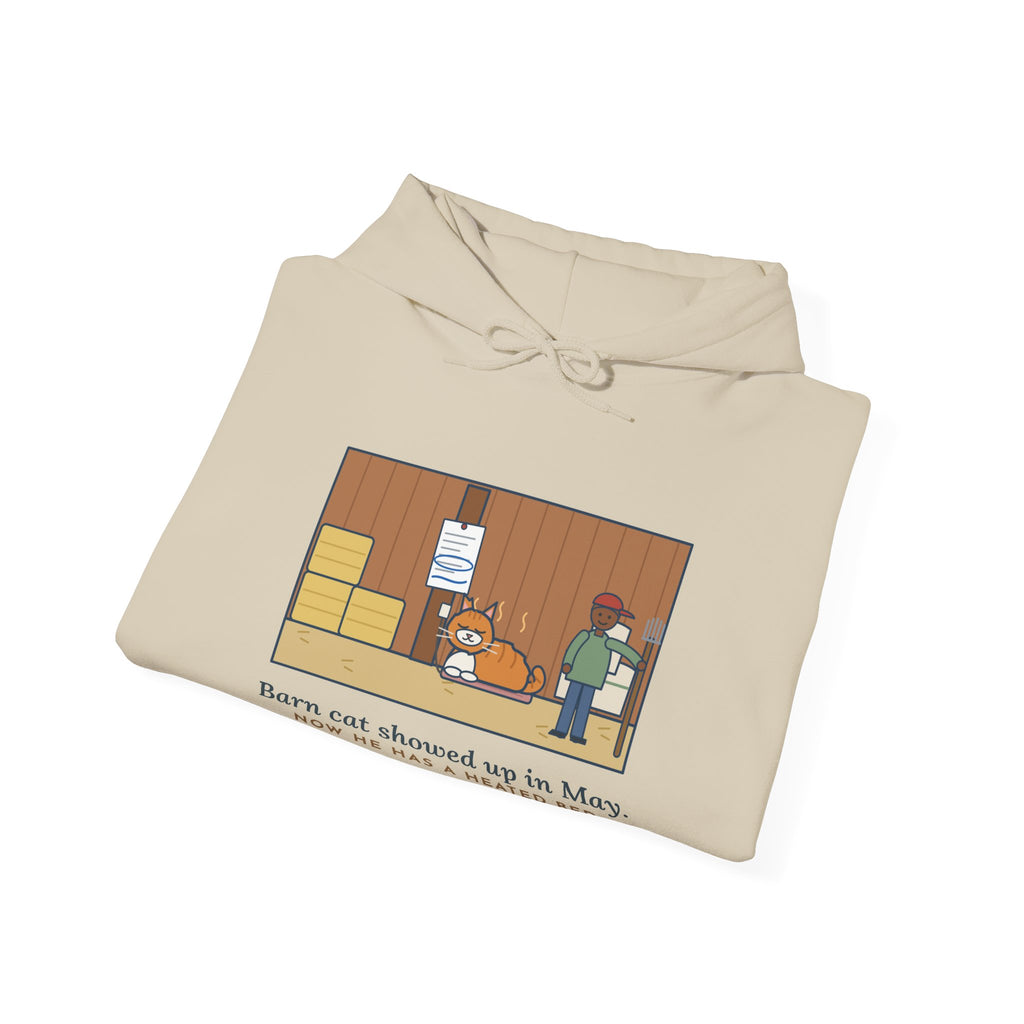 Funny Barn Cat Hoodie, Showed Up in May, Now He Has a Heated Bed and His Name on the Feed Bill