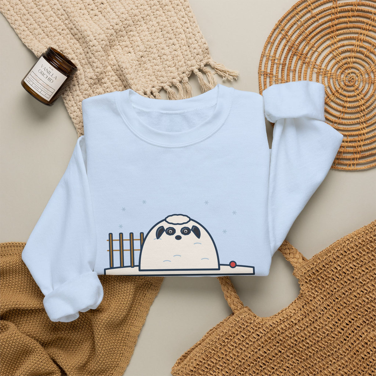 Sheepadoodle Sweatshirt, Sat Down in the Snow and Became a Snowdrift with Eyes, Funny Snowy Yard Crewneck